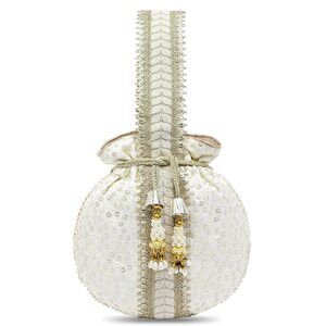7109 White Potli Bags Gift Evening Bag Clutch Ethnic Bride Purse